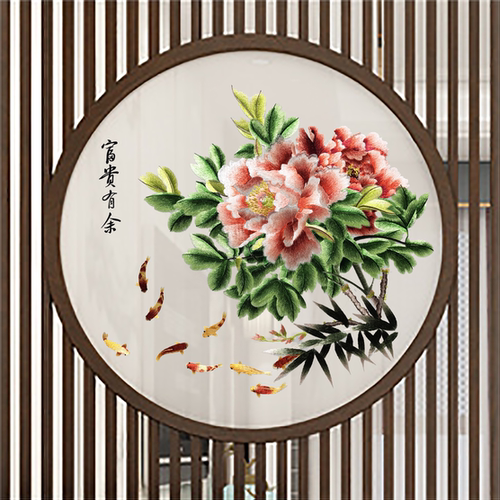 新中式实木刺绣屏风隔断富贵有余