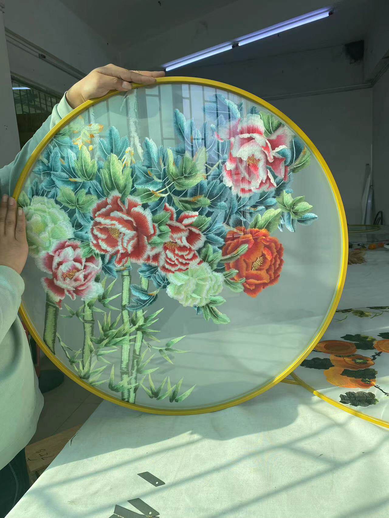 花格圆形双面绣画芯精品刺绣牡丹竹子富贵葫芦聚财可定制新中式玄