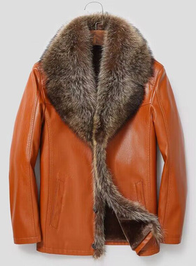 海宁真皮皮衣男短款貉子毛领西装领皮毛一体皮大衣男皮夹克外套