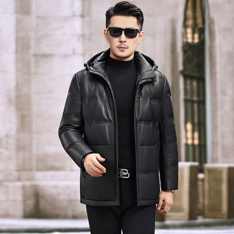 男士海宁真皮皮衣冬季中长款羽绒服连帽绵羊皮外套加厚保暖厚款潮