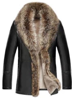 冬季新款海宁皮毛一体皮衣男士皮草貉子大毛领男士真皮皮衣厚外套