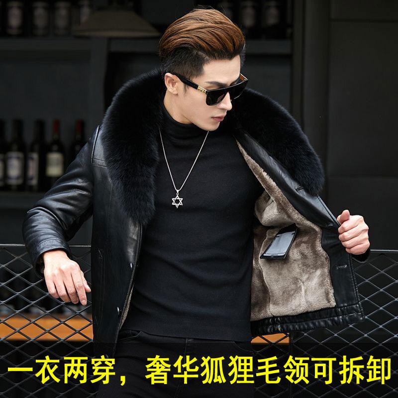 男士海宁真皮皮衣皮毛一体男绵羊皮夹克羊羔毛内胆狐狸领皮草外套