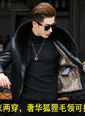 男士海宁真皮皮衣皮毛一体男绵羊皮夹克羊羔毛内胆狐狸领皮草外套