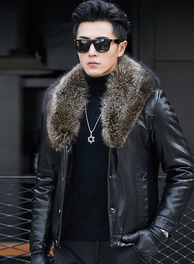 男士绵羊皮真皮皮毛一体商务短款皮夹克可拆卸大毛领潮冬装男皮衣