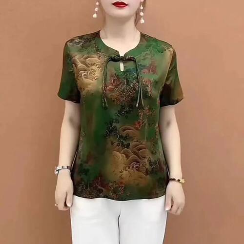 新中式国风短袖小衫女夏季新款洋气妈妈装上衣气质遮肚显瘦T恤女