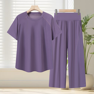 夏季新款圆领速干短袖套装女中老年妈妈运动服套装上衣裤子两件套