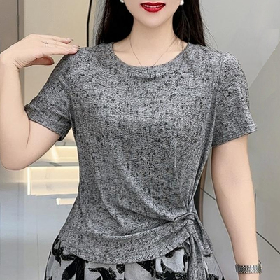 夏季新款圆领短袖T恤女百搭减龄显瘦上衣洋气妈妈装系带褶皱小衫