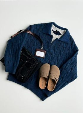 UNF美式复古翻领麻花毛衣男2025秋冬新款重磅针织宽松休闲上衣