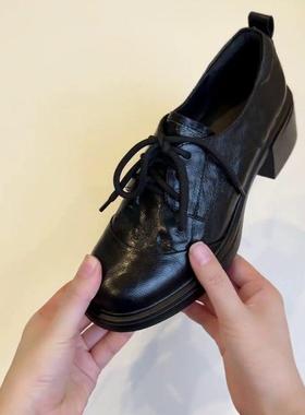 臣例棠手工鞋跟学高5cm比鞋女TVF粗跟黑单色乐福鞋女小皮鞋院