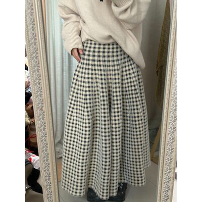 我是一个俗气的人马海毛格子高腰A字长裙女毛呢显瘦百搭阔腿裙