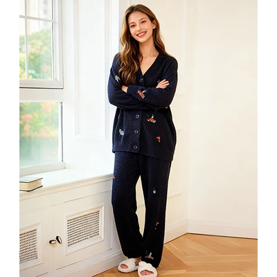 米诗缇【刺绣狗狗直筒裤藏青色】小众设计可外穿长袖长裤家居服