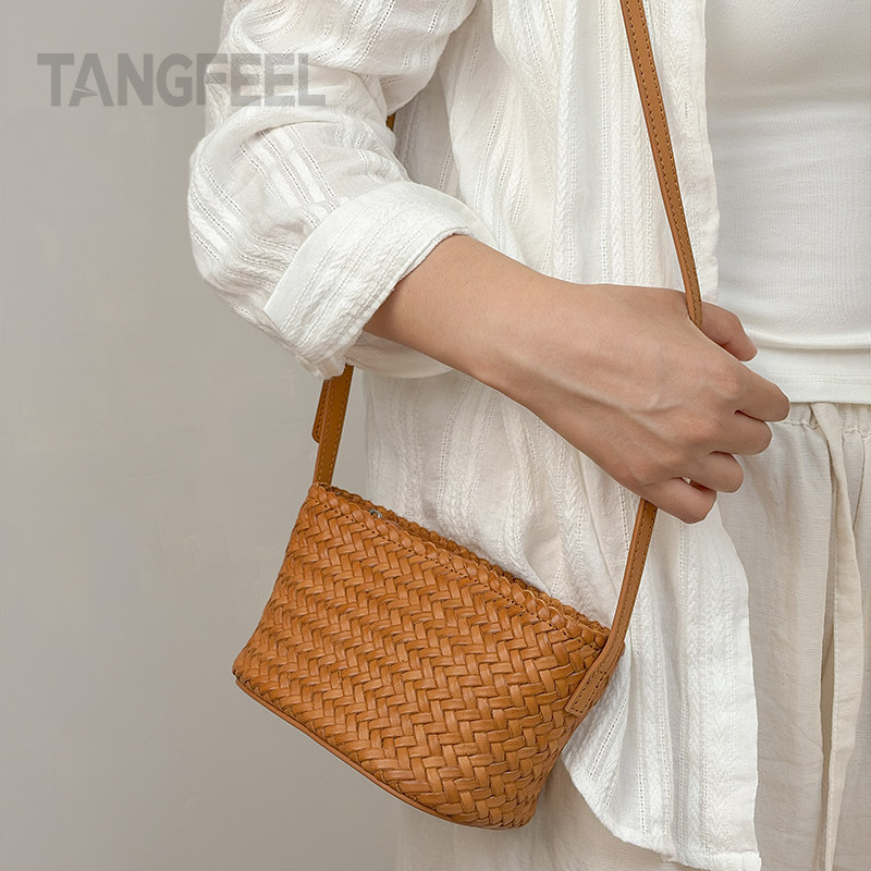 TANGFEEL真皮编织小船包女头层植鞣牛皮百搭单肩斜挎包小包手机包