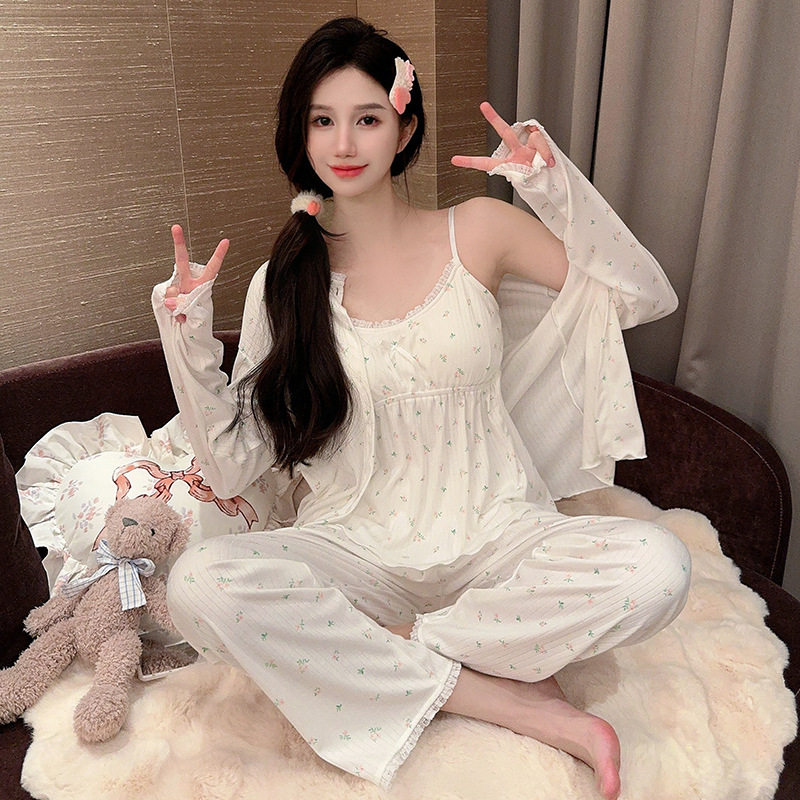 韩国跨境睡衣春秋性感吊带开衫三件套带胸垫碎花女士外贸家居服