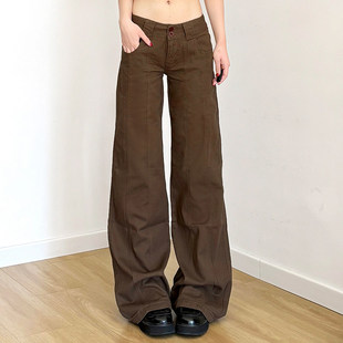 美式 阔腿长裤 复古 辣妹修身 棕色低腰分割线显瘦牛仔裤 ROCKMORE