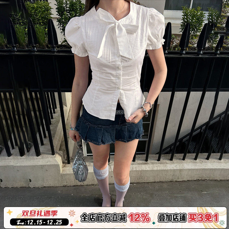 白色重工蝴蝶结单排扣收腰衬衫