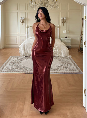 ROCKMORE【性感御姐】红色细闪亮片挂脖吊带连衣裙露背性感礼服裙