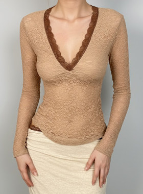 ROCKMORE【气质辣妹】棕色性感蕾丝拼接V领长袖T恤显瘦打底衫上衣