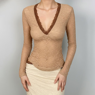 T恤显瘦打底衫 棕色性感蕾丝拼接V领长袖 上衣 气质辣妹 ROCKMORE