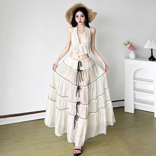 沙滩风蝴蝶结网纱长半裙 大露背挂脖吊带 ROCKMORE 性感度假风