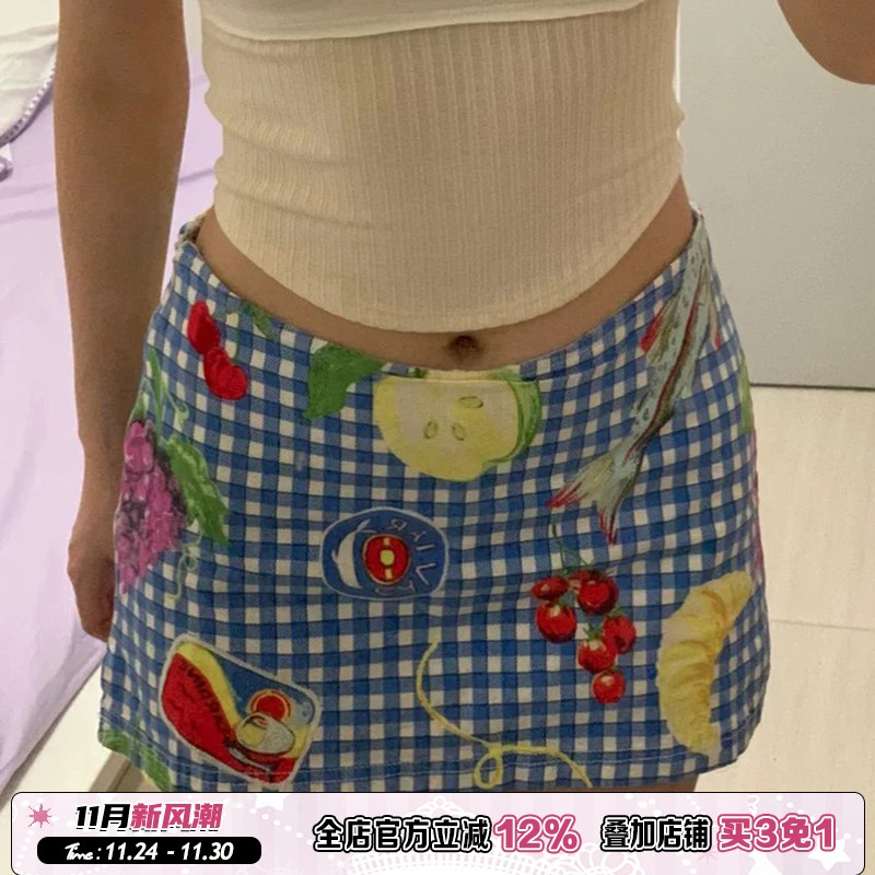 水果格纹印花蓝色系半裙
