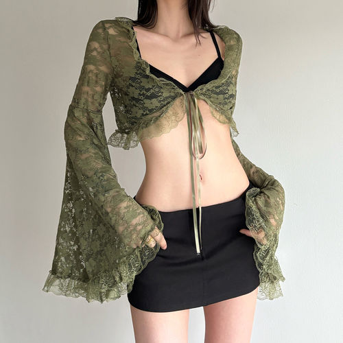 蕾丝拼接V领绑带喇叭袖开衫女
