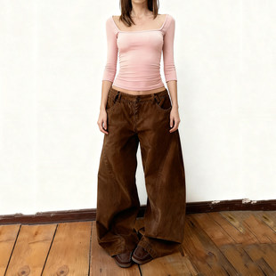 女宽松显瘦低腰长裤 棕色做旧水洗阔腿牛仔裤 摩登复古 ROCKMORE
