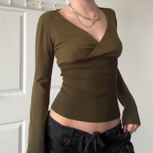 T恤女内搭可外穿上衣 设计感绑带收腰V领长袖 ROCKMORE 中古气质