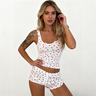 短裤 ROCKMORE 背心 草莓印花撞色居家休闲两件套无袖 甜美温柔