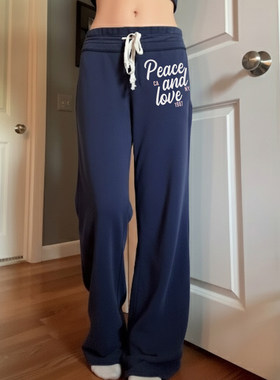 ROCKMORE【潮酷美式】蓝色字母印花拼接运动休闲裤街头感阔腿长裤