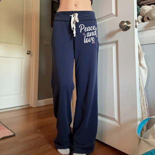 街头感阔腿长裤 蓝色字母印花拼接运动休闲裤 潮酷美式 ROCKMORE