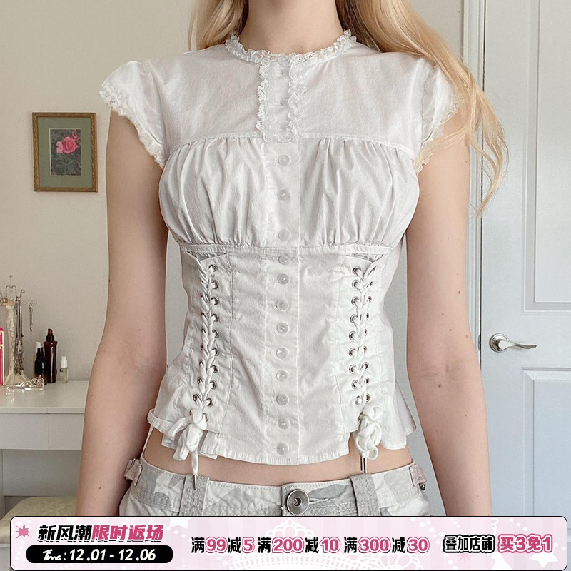 宫廷风排扣设计绑带上衣