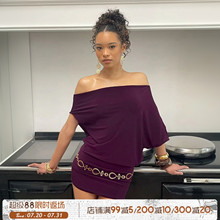 ROCKMORE【欧美气质】韵味紫色一字肩两穿蝙蝠袖连衣裙修身包臀裙