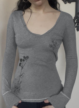 ROCKMORE【古着味】灰色简易刺绣v领长袖T恤vintage复古修身上衣