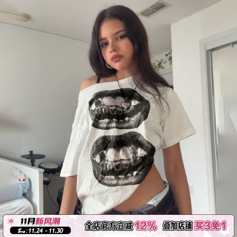 嘻哈嘴巴印花宽松短袖T恤