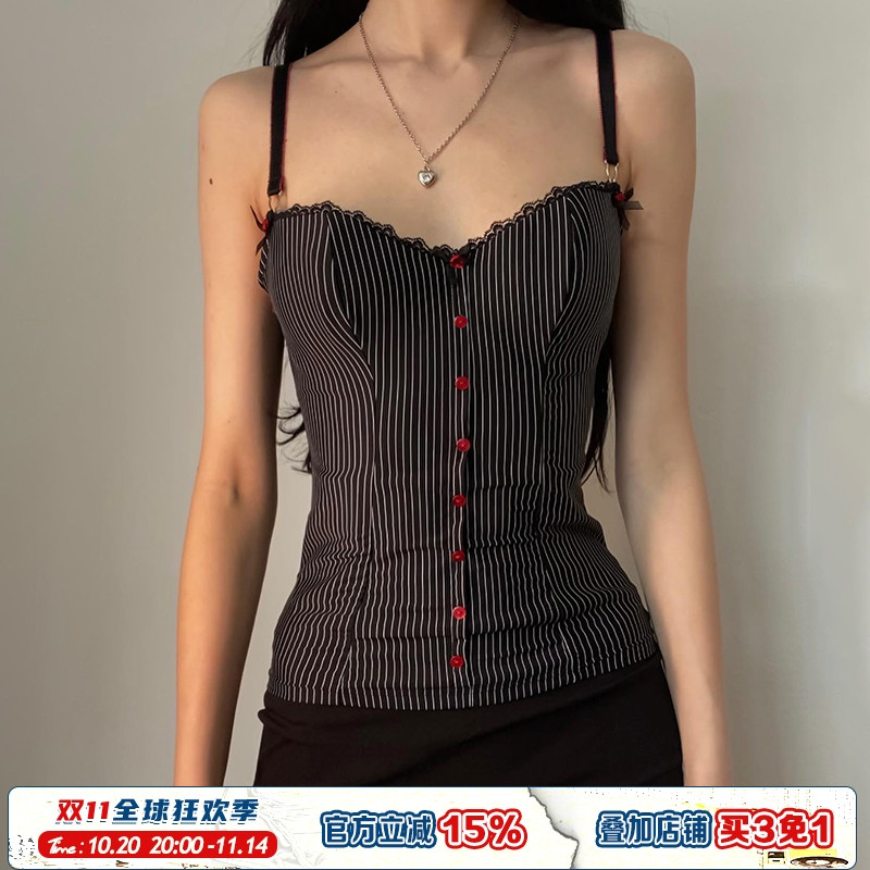 细条纹蕾丝拼接单排扣撞色吊带