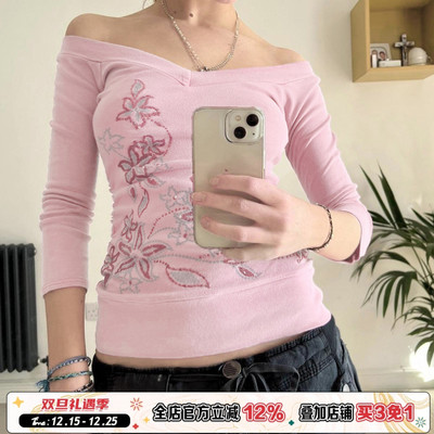 ROCKMORE【古早甜系】粉红色V领复古印花长袖T恤vintage少女上衣