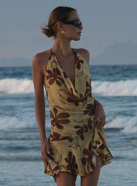 ROCKMORE【欧美度假风】晕染植系印花荡领挂脖连衣裙黄色背心裙夏