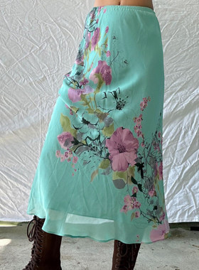 ROCKMORE【古着感】清冷绿色植系印花半裙vintage修身雪纺中长裙