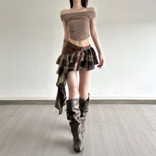 ROCKMORE 废土感不规则格子拼接半身裙设计感棕色短裙 嬉皮玩家