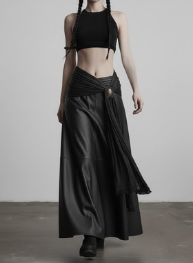 ROCKMORE【中古特色】黑色腰头绑带设计PU皮革半裙暗黑风长款裙子