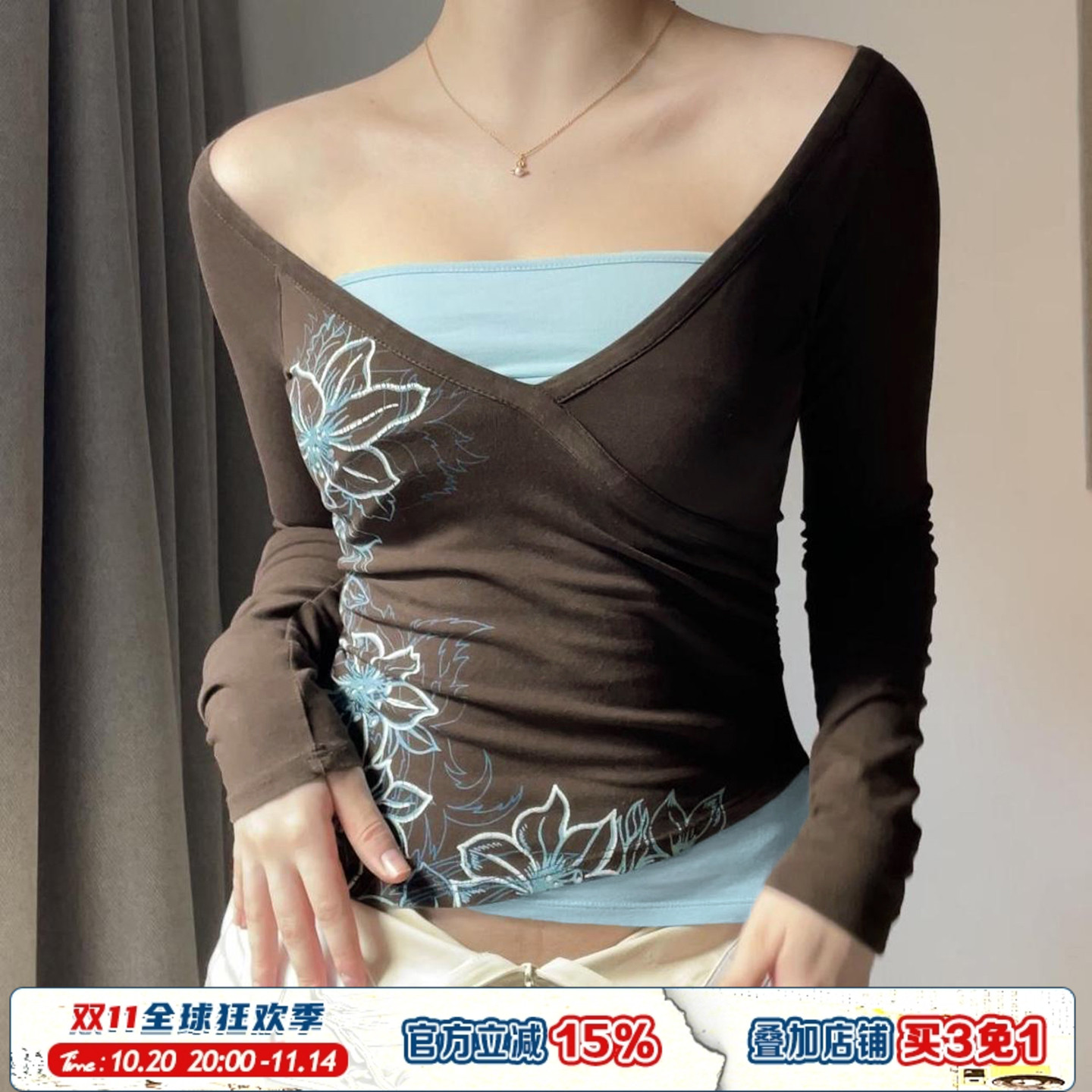 ROCKMORE【古早辣妹】撞色领口假两件长袖T恤复古印花棕色上衣女