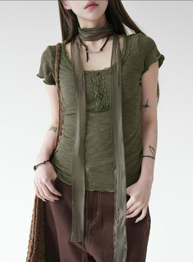 ROCKMORE【森系少女】蕾丝拼接围脖飘带绿色短袖T恤辣妹修身上衣