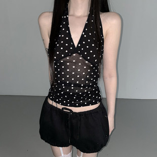 暗黑小波点拼接胸型挂脖吊带露背性感背心 辣妹风 ROCKMORE 法式