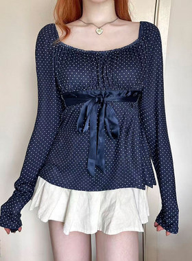 ROCKMORE【波点风潮】复古蓝色U型领绑带收腰长袖T恤百搭修身上衣