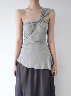 ROCKMORE【小众设计】灰色单肩抽褶露肩抹胸吊带性感气质长款背心