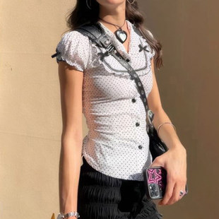 法式 蝴蝶结泡泡短袖 少女感 排扣衬衫 上衣 黑白波点修身 ROCKMORE