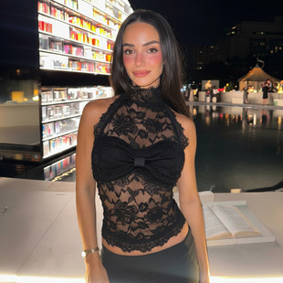 透视吊带 性感蕾丝挂脖背心女黑色蝴蝶结修身 ROCKMORE 欧美辣妹