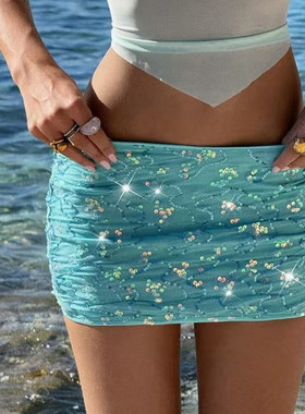 ROCKMORE【海岛度假】bling亮片蓝色性感包臀裙辣妹低腰超短裙潮