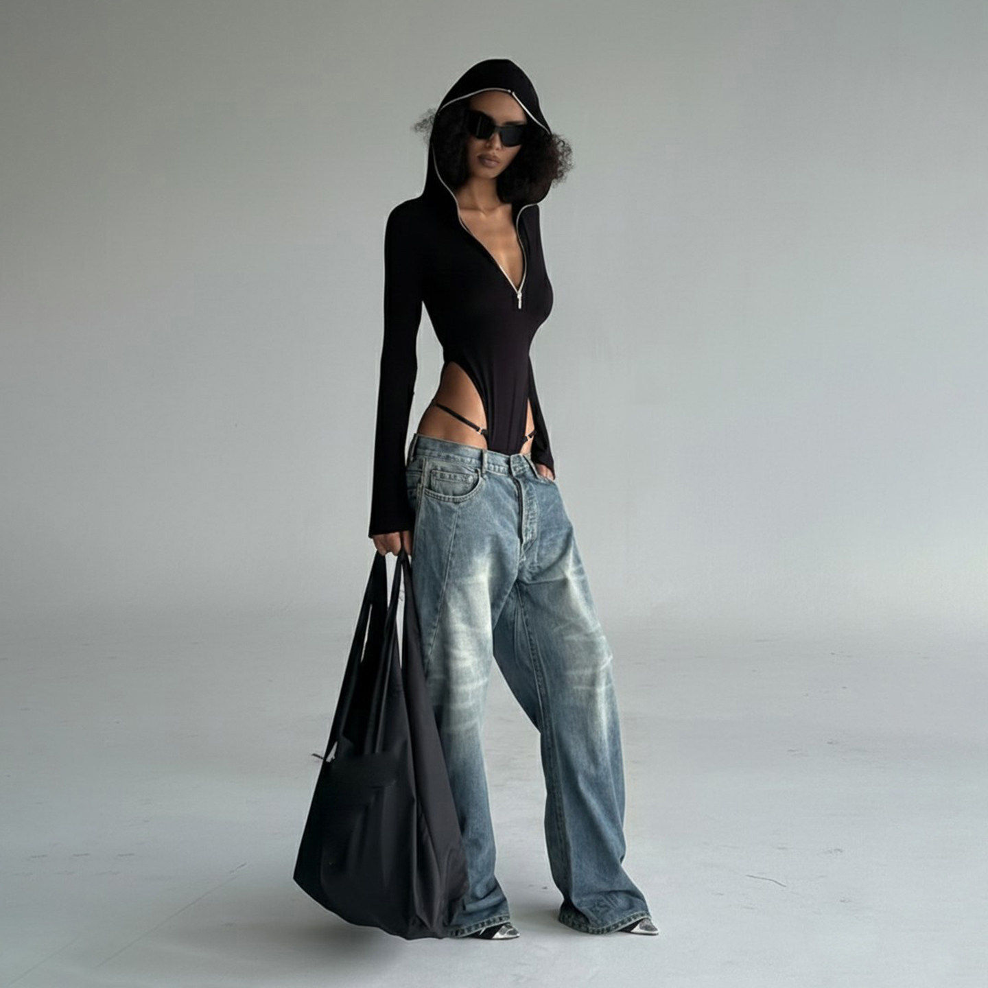 ROCKMORE【酷帅辣妹】机能风黑色拉链连帽长袖性感高开叉连体衣女,女装/女士精品,连体衣/裤,淘宝优惠券,粉丝福利购,淘宝优惠卷