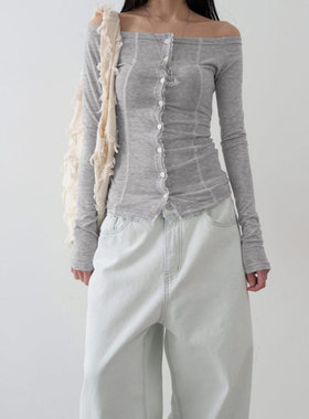 ROCKMORE【韩系简约】一字肩蕾丝排扣修身开衫灰色针织长袖上衣潮